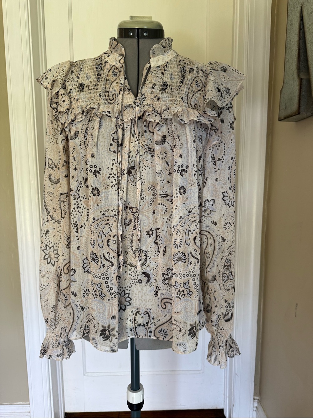 Sheer Printed Ruffle-Neck Women’s Blouse in Cream and Black